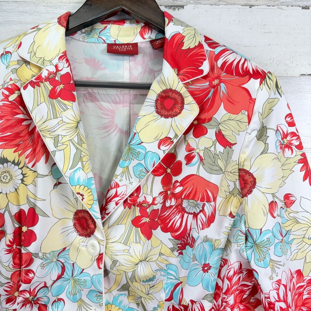 Valerie Stevens Womens Floral White Red Yellow Blue Blazer Jacket Petite PL